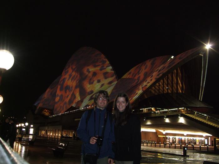 Bex and Pete by the Opera House at night
